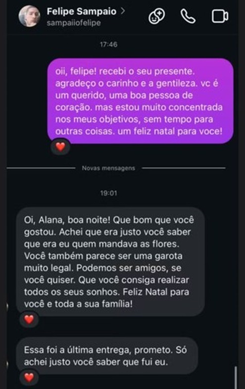 Mensagens mostram que Alana agradeceu presente e afirmou não ter interesse em relacionamento; investigação aponta insistência do suspeito após a recusa.