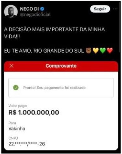 Foto: reprodução/ redes sociais. O influenciador publicou a "contribuição" em perfis pessoais de grande alcance