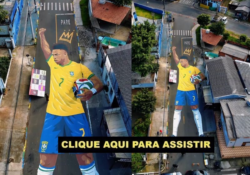 A imagem gigante de Vini Jr tem 800 metros quadrados e foi feita pela comunidade no asfalto de uma rua de Novo Hamburgo RS.